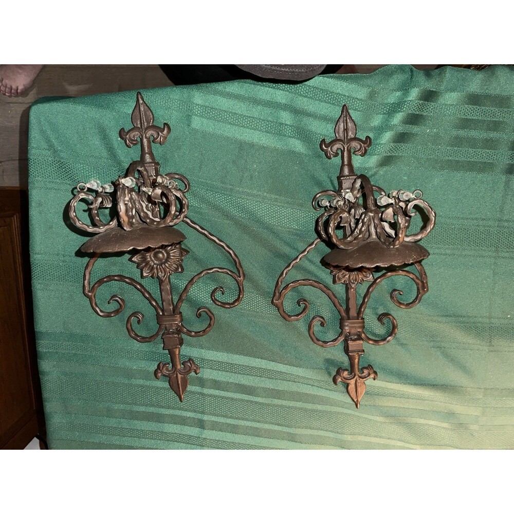 RARE Vintage Gothic 18" Wrought Iron Pillar Candle Wall Sconces Set Of 2